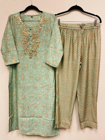 RFSS622 - Floral Muslin Silk Kurti with Gota Work on Yoke and Printed Muslin Pants