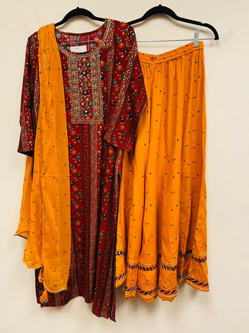 RFSS793 - Heavy Rayon Kurti with Embroidery on Yoke. Comes with Bandhini Sharara and Pure Chiffon Bandhini Dupatta