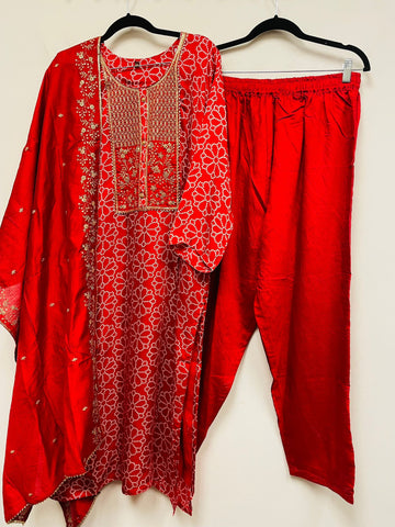 RFSS930 - Muslin Silk Bandhini Print Kurti with Zari Embroidery on Yoke. Comes with Silk Pants and Zari Embroidered Dupatta