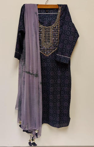 RFSS95 - Grey Cotton Kurti with Embroidery on Yoke with Pants and Chiffon Dupatta