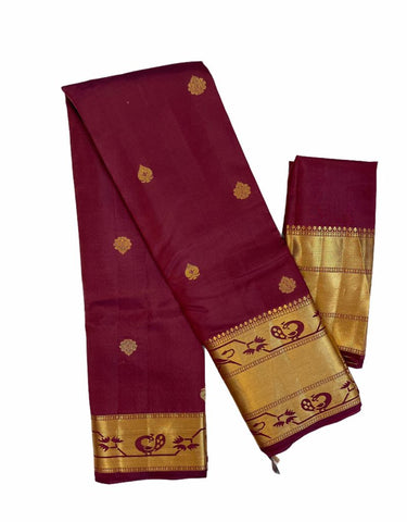 HPSS20 - Pure Silk Kanchivaram Saree in Dark Burgundy with Paithani motif Golden Zari Border and Golden Zari Pallu