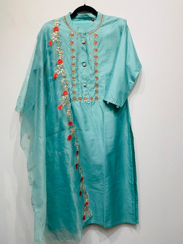 RFSS429 - Silk Kurti with Embroidery and Organza Dupatta in Blue