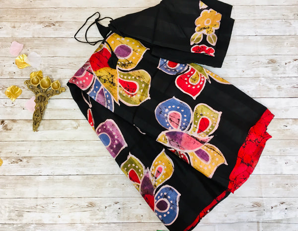 KSS112 - Pure Murshidabad silk batik hand painted saree in black with Multicolor butterflies. with stitched blouse size 38 can be altered to 42.