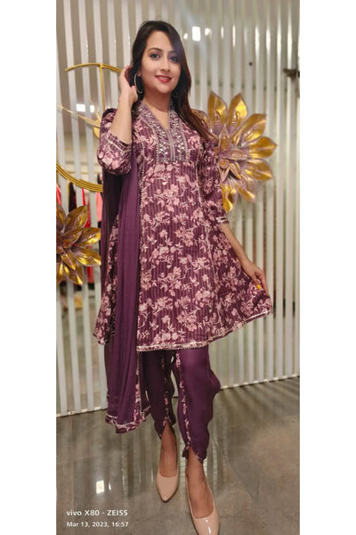 muslin floral print embroided kurta with tulip pants and dupatta