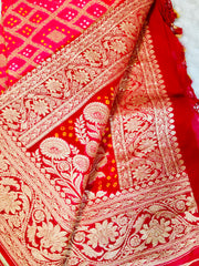 BKS 017 -  Pure Khaddi Georgette Bandhej Banarasi Sari with Gold Zari work. Comes with Unstitiched Blouse.