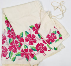 KSN221 Pure Silk Kantha Tussar Saree in beige. Comes with stitched blouse. Fall peco done.