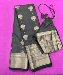 KSS429 Pure handloom kanchipuram silk Saree in black with gold zari work.comes with stitched blouse size 40,can be altered to 44 size.