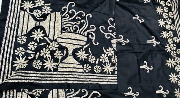 KSN223 - Pure Silk Kantha Saree in black. Comes with stitched blouse.