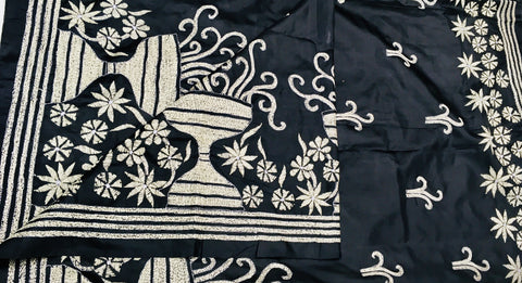 KSN223 - Pure Silk Kantha Saree in black. Comes with stitched blouse.