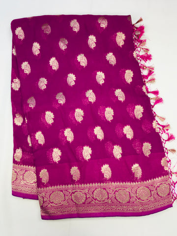 BKS111 Banarasi Georgette saree in pink. Comes with stitched blouse size 38 can be altered to size 42. Fall peco done.