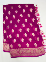 BKS111 Banarasi Georgette saree in pink. Comes with stitched blouse size 38 can be altered to size 42. Fall peco done.