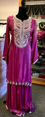RFSS2015 -Pure Chinnon Shimmer Crepe Heavy Embridered Kurta In Magenta With Sharara Pant And Koti