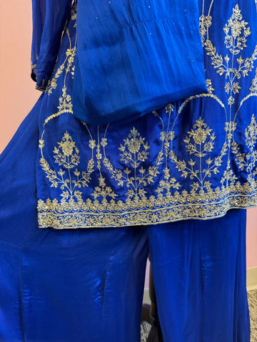 DPP001-Blue kurta with sharara and dupatta and golden leaves embroidery work