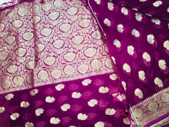 BKS111 Banarasi Georgette saree in pink. Comes with stitched blouse size 38 can be altered to size 42. Fall peco done.