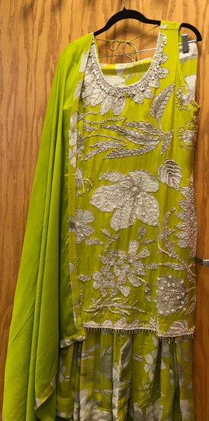 KKD107 PURE CHIFFON FLORAL EMBROIDERED KURTA WITH GHARARA AND DUPATTA
