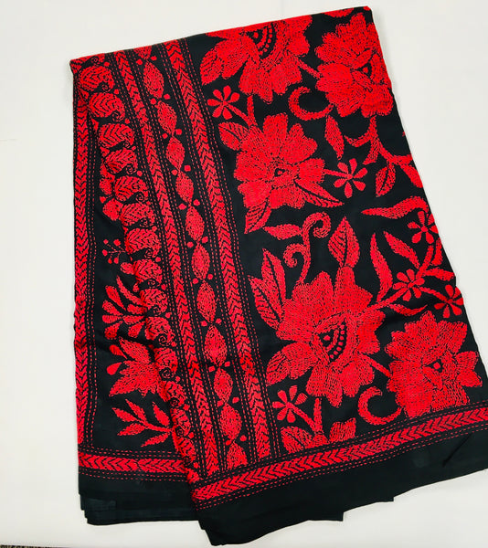 KSN227 Pure Silk Kantha Tussar Saree in black. Comes with stitched blouse.Fall peco done.