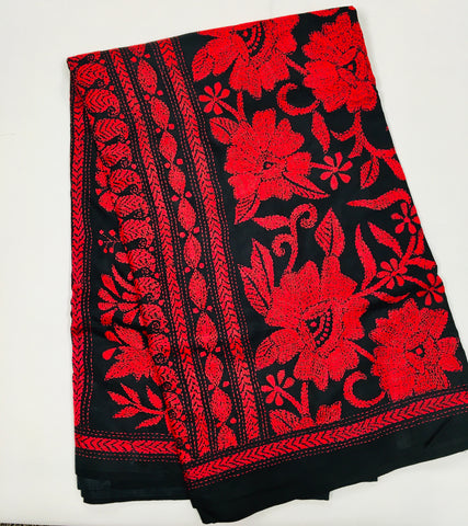 KSN227 Pure Silk Kantha Tussar Saree in black. Comes with stitched blouse.Fall peco done.