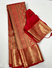 KSS517 Pure kanchipuram handloom silk Saree in orange color with gold zari border. Comes with stitched blouse size.
