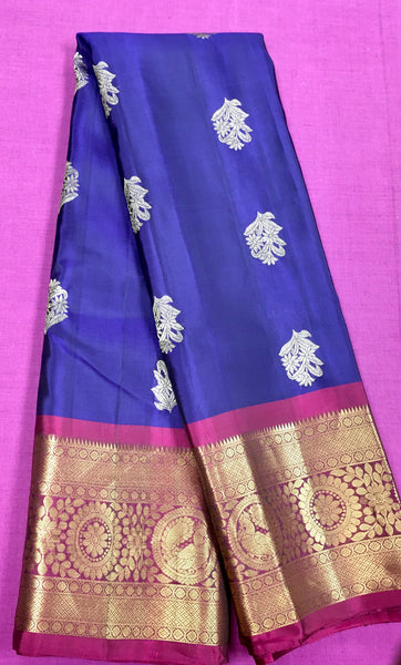 KSS440 Pure handloom kanchipuram silk Saree in purple with pink gold zari border.comes with stitched blouse size 40,can be altered to 44 size.