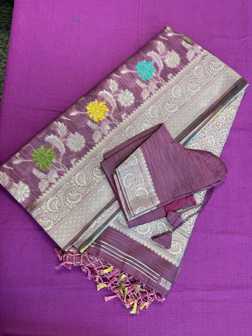 Banarasi tussar  saree in purple with gold  zari border. Fall peco done. Comes with stitched blouse size 38 can be altered up to 44 size.