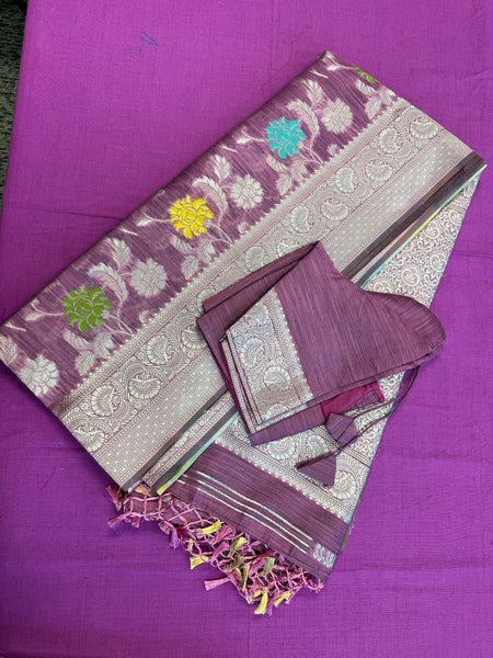 Banarasi tussar  saree in purple with gold  zari border.Fall peco done. Comess with stitched blouse size 38 can be altered up to 44 size.
