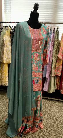 AFL2042- blue flower print suit in crepe fabric.Come with sharara pant and dupatta.