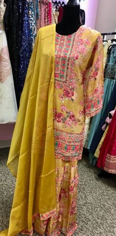 AFL2041 - Yellow flower print  suit in crepe fabric.Come with sharara pant and dupatta.