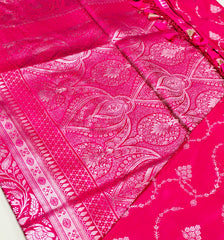 BKS123 Banarasi Mashru silk Saree in pink.Comes with gold zari work. Comes with stitched blouse size 38 can be altered to size 42. Fall peco done.