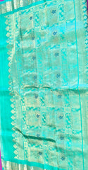 SKH141 PURE GADWAL HANDLOOM SILK SAREE IN PASTEL GREEN WITH TEAL ZARI BORDER AND PALLU