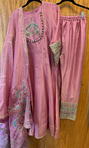 DPP010-Pink long dress with pants and dupatta and golden shine and work on borders