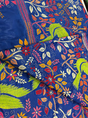 KSN210 Semi Silk nakshi kantha saree in blue with multi color.Come with stitched blouse. Fall peco done.