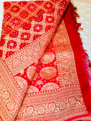 BKS 017 -  Authentic Hand Bandhej Banarasi Khaddi Silk Georgette Saree with jaal weave. Comes with unstitched Blouse.