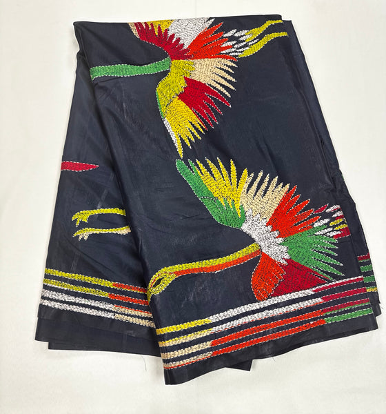 KSN205: Semi Silk Kantha Tusser Saree in blue hand work design. Fall Peco done. Comes with stitched Blouse size 38 it can be altered to 44 size.