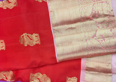 KSS444  Pure handloom kanchipuram silk Saree red  with gold zari border.comes with stitched blouse size 40,can be altered to 44 size.