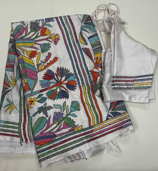 KSN208: Semi Silk Kantha Tusser Saree in white hand work design. Fall Peco done. Comes with stitched Blouse size 38 it can be altered to 44 size.