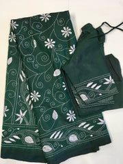 KSN201 - Semi Silk Kantha Tusser Saree in bottle green hand work design. Fall Peco done. Comes with stitched Blouse size 38 it can be altered to 44 size.