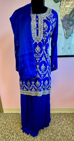 DPP001-Blue kurta with sharara and dupatta and golden leaves embroidery work