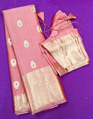 KSS435 Pure handloom kanchipuram silk Saree in peach with gold zari work. Comes with stitched blouse size 40, Can be altered to 44 size.