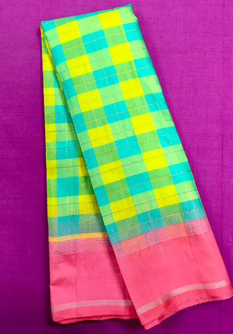KSS422 Pure handloom kanchipuram silk Saree in multicolor checks with pink gold zari border.comes with stitched blouse size 40,can be altered to 44 size.