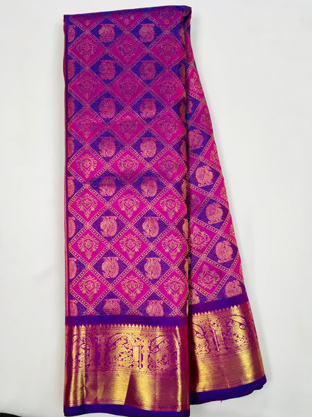 KSS503 Pure kanchipuram handloom silk Saree in pink and purple with purple color gold zari border. comes with stitched blouse size 40,can be altered to 44 size.