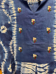JPD018-Blue long dress with white blooming pattern and embroidered button flowers
