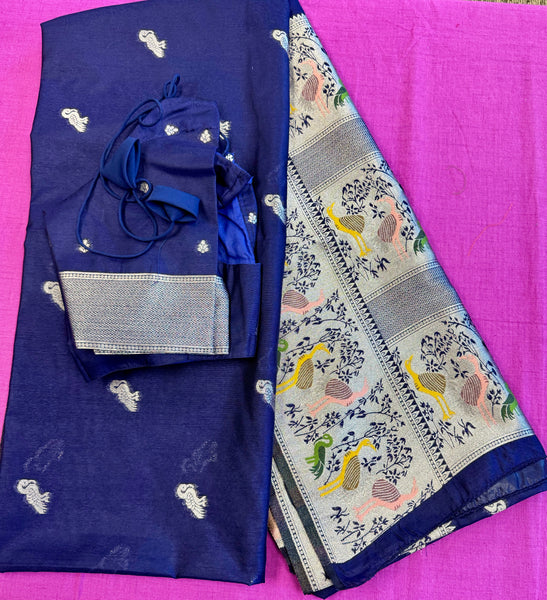 Banarasi Tussari  Saree in Blue with Zari Border. Comess with stitched blouse size 38 can be altered up to 44