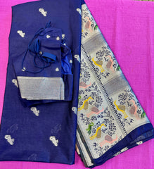 Banarasi Tussari  Saree in Blue with Zari Border. Comess with stitched blouse size 38 can be altered up to 44