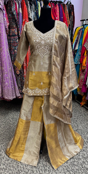 AFL7021: Beautiful gold top with sharara pants and dupatta