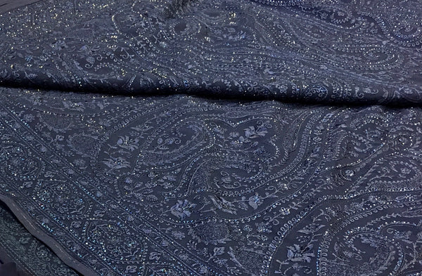 AFL3062 Georgette party wear Saree in Blue comes with Chickenkary embroidered and stone work. Come with stitched blouse size 38 can be altered to 42 size.Fall peco done.