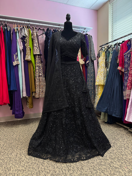 AFL2007-Black heavy lehenga with bead and embroidery work. Comes with dupatta