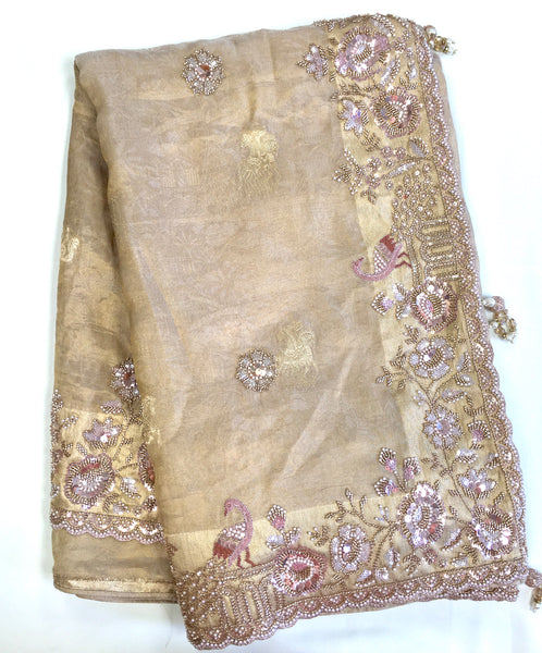 AFL8002 Pure banarasi crepe tissue saree in beige with heavy hand embroidery party wear Saree.comes with stitched blouse size 38 can be altered to 44 size.