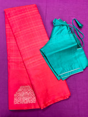 KSS407 Pure handloom kanchipuram silk Saree in orange with blue gold zari border. Comes with stitched blouse size 40