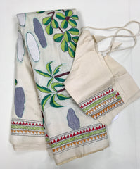 KSN222 Pure Silk Kantha Tussar Saree in beige. Comes  with stitched blouse.