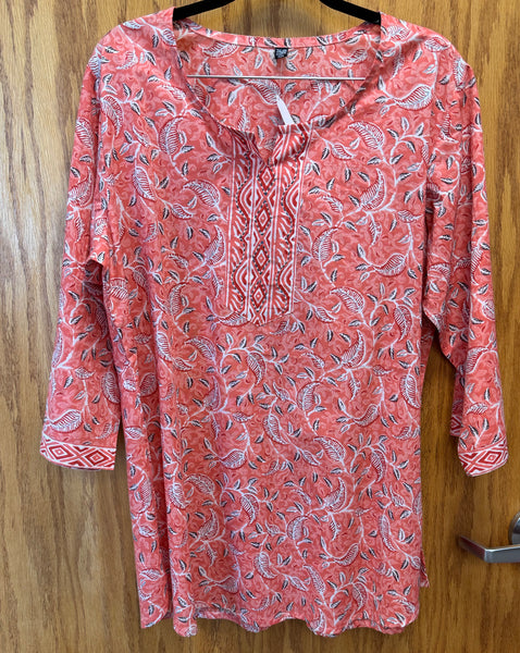 JPD003-Pink short kurti with red and white basil leaves pattern